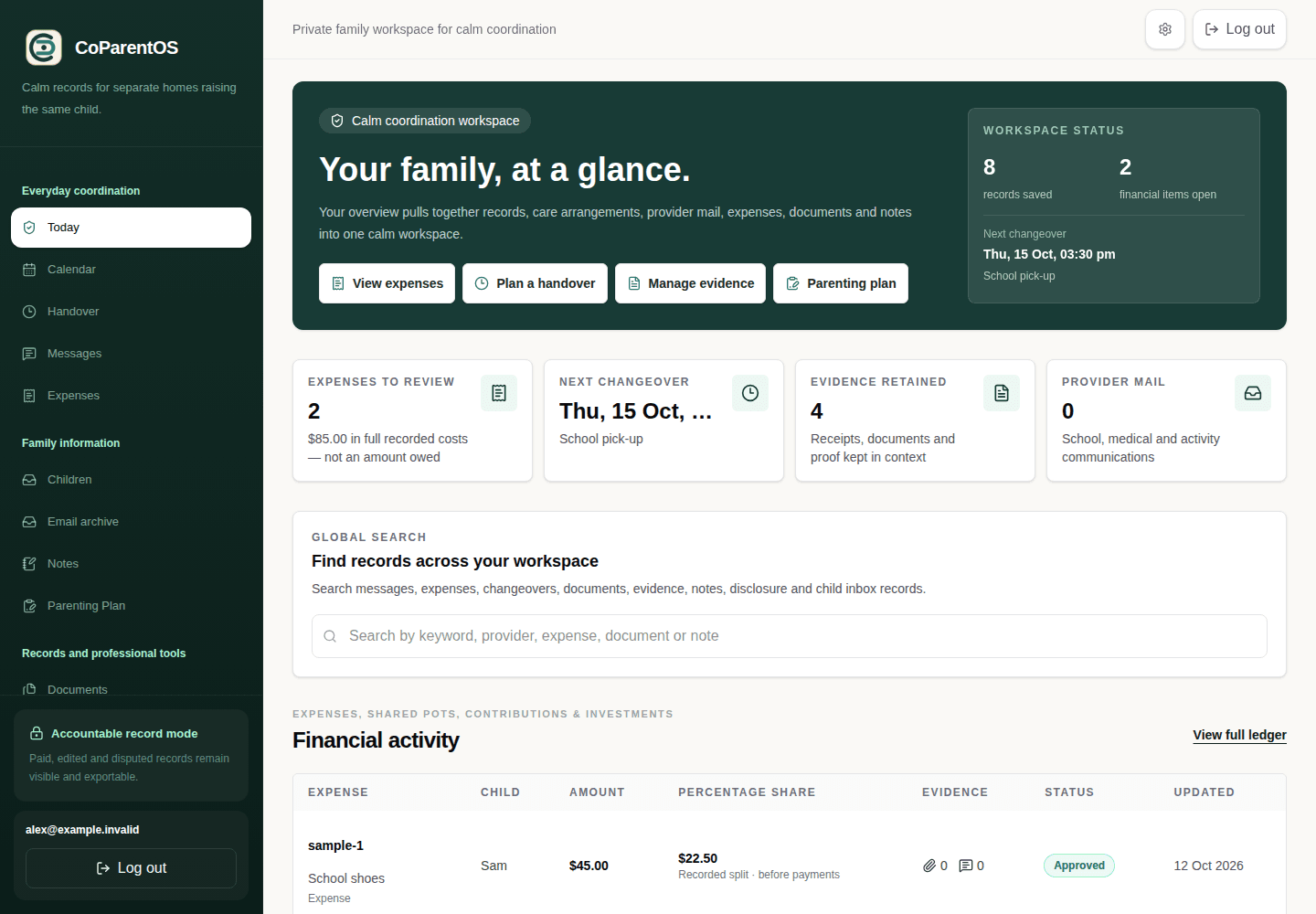 CoParentOS desktop dashboard with navigation, family overview, upcoming changeover and sample expense records
