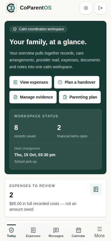 CoParentOS mobile dashboard with the family overview and bottom navigation