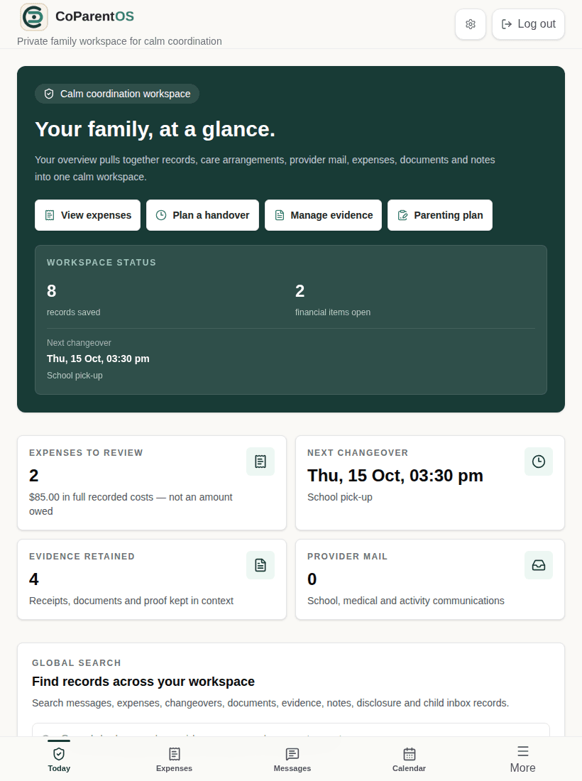 CoParentOS dashboard in an iPad-sized browser with the responsive family overview