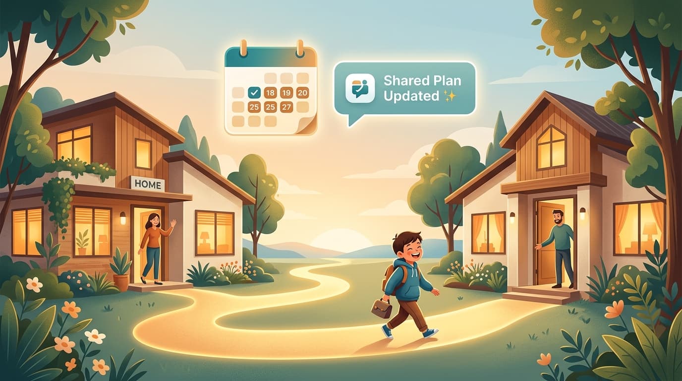Illustration of two homes connected by a path, with a child at the centre